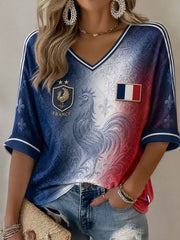 T-shirt femme France Football à manches mi-longues et col en V