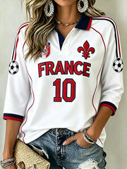 T-shirt polo décontracté mi-long à manches, modèle de football féminin aux motifs color-blocks