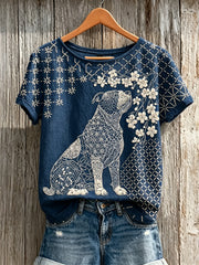 T-shirt à manches courtes femme Bulldog & Cherry Blossom Sashiko Japonais Imprimé Art en lin