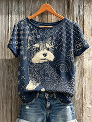 T-shirt japonais à manches courtes en lin, imprimé artistique sashiko représentant une chienne Yorkshire‑terrier pour femme