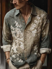 Chemise à manches longues décontractée à motif de fleurs de style art japonais pour hommes