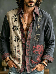 Chemise en lin à imprimé japonais Dragon et calligraphie Art Contraste pour hommes