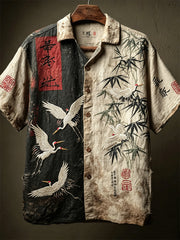 Grues japonaises et chemise imprimée à manches courtes en bambou pour hommes