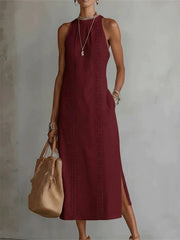 Robe longue en lin sans manches, à fente latérale, élégante et sobre pour femme