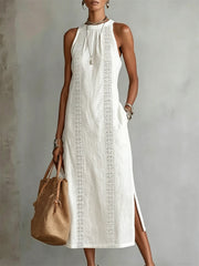 Robe longue en lin sans manches, à fente latérale, élégante et sobre pour femme