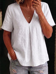 T-shirt femme à manches courtes en lin Simple Mid Pinched V Neck