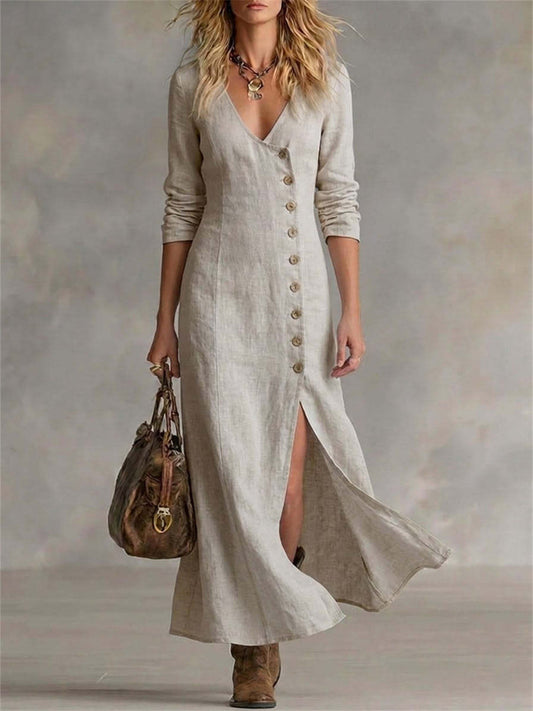 Les femmes Vintage Classy côté boutons fente bas Flowy Maxi robe
