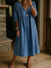 Simple dentelle patchwork plissé mi-manches maxi robe des femmes