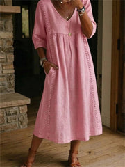 Simple dentelle patchwork plissé mi-manches maxi robe des femmes