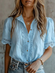 Chemise à manches courtes confortable Vintage Lace Trim Femme