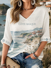 T-shirt à manches mi-longues et col en V pour femme, imprimé Pays basque