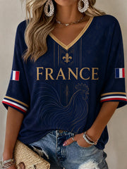 T-shirt femme décontracté à manches mi-longues et col en V, imprimé France