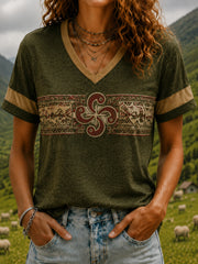 T-shirt à col en V imprimé pour femmes, Pays basque