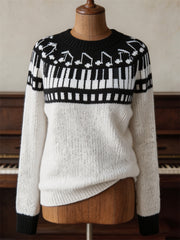 Women's Vintage Music Notes & Piano Keys Yoke Print crew neck sweater