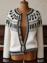 Women's Vintage Music Notes & Piano Keys Isle Pattern Print Cardigan