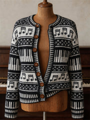 Women's Vintage Music Notes & Piano Keys Isle Pattern Print Cardigan