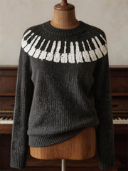 Women's Classy Piano Keys Yoke Print crew neck sweater