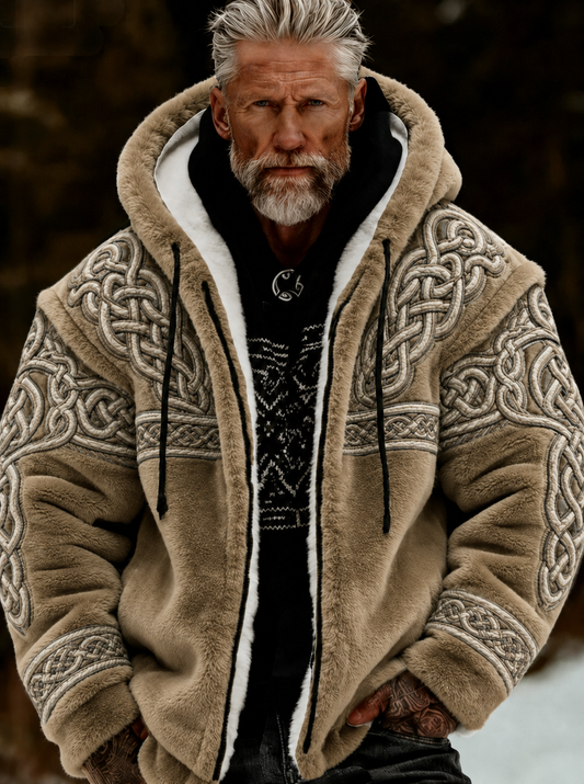 Men's Viking Art Plush Cozy Warm Zipped Hooded Jacket