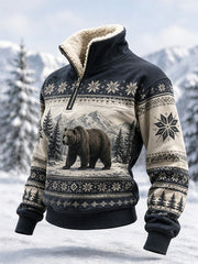 Women's Winter Snow Bear Print Casual Fur Collar Top
