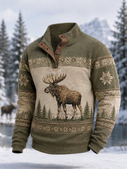 Men's Winter Moose Print Casual Buttons Pullover