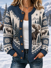 Women's Winter Moose Print Casual Cardigan