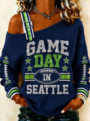 Women's Seattle Football Gameday Gift For Football Fans Casual Off-Shoulder Sweatshirt