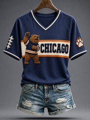 Women's Chicago Football Lover Bear Art Printed T-shirt