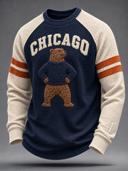 Men's Chicago Football Lover Bear Art Printed Waffle Sweatshirt