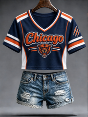Women's Chicago Football Lover Bear Art Printed short-sleeved T-shirt