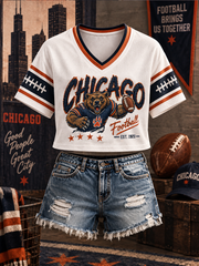 Women's Chicago Football Lover Bear Art Printed short-sleeved T-shirt
