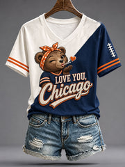 Women's Chicago Football Lover Bear Art Printed T-shirt