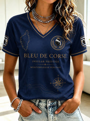 T-shirt à col en V imprimé du drapeau français de Corse pour femme