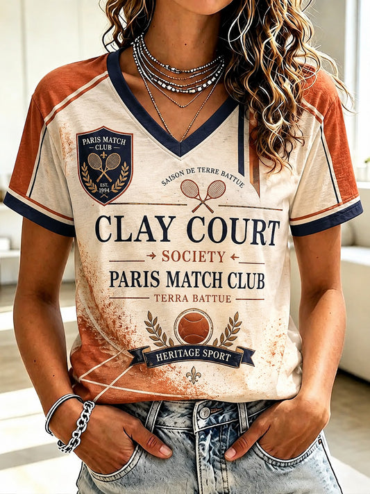 T-shirt à col en V imprimé pour femmes des Championnats Internationaux de France de Tennis