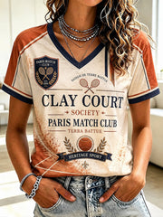 T-shirt à col en V imprimé pour femmes des Championnats Internationaux de France de Tennis