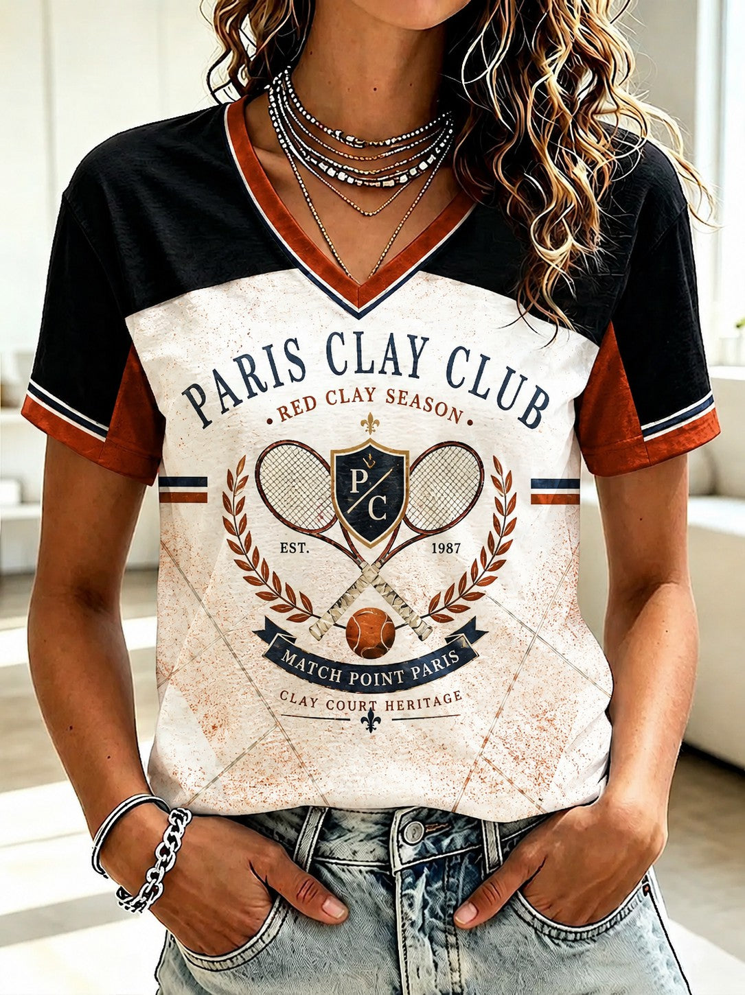 T-shirt imprimé à col en V des Championnats Internationaux de France de Tennis féminin