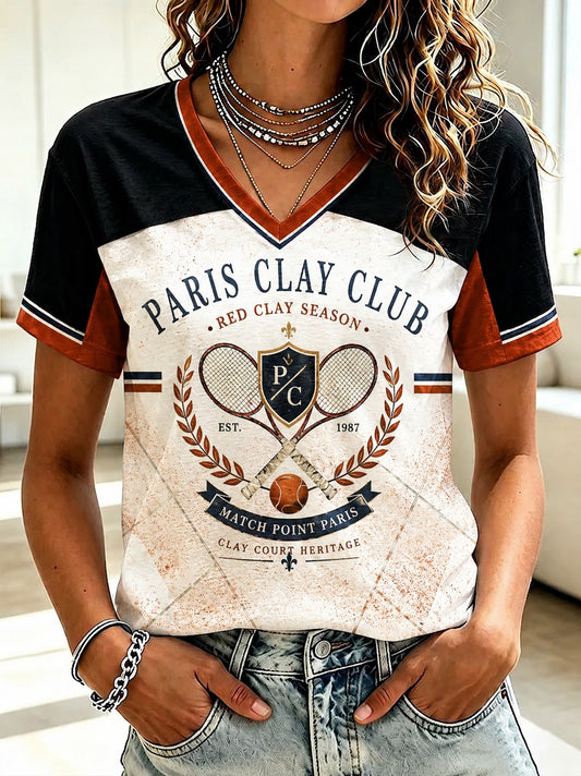 T-shirt imprimé à col en V des Championnats Internationaux de France de Tennis féminin