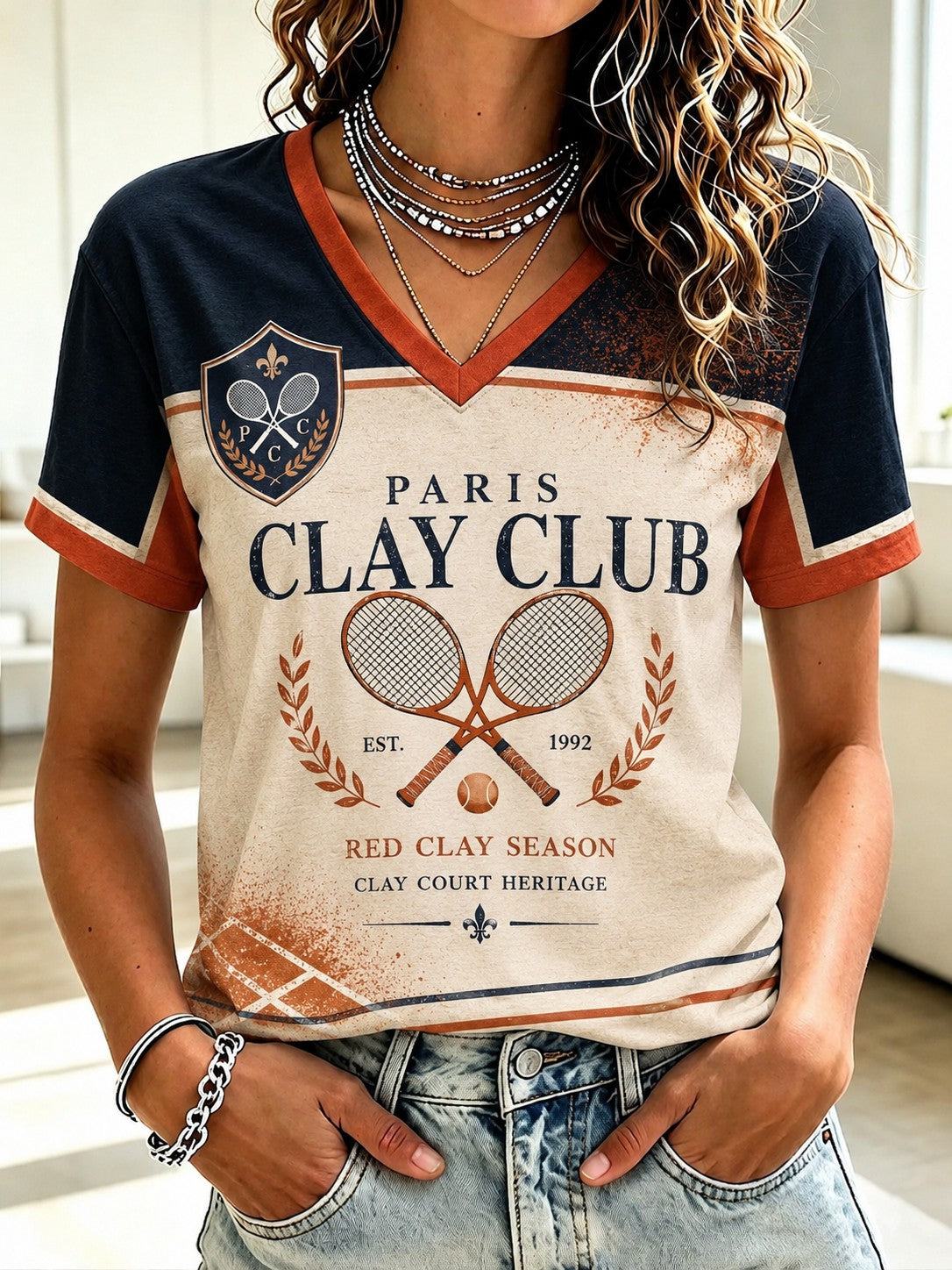 T-shirt imprimé à col en V des Championnats Internationaux de France de Tennis féminin
