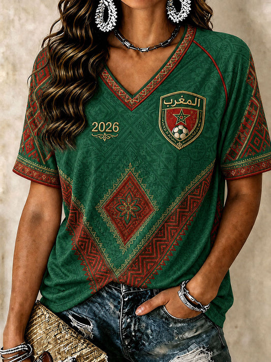 T-shirts à col en V de football marocain pour femmes