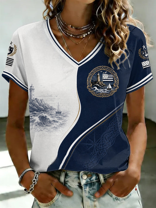 T-shirt à col en V France Brittany Celtic pour femme