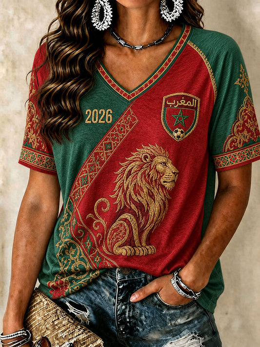 2026 Morocco Soccer V-Neck T-Shirts pour femmes