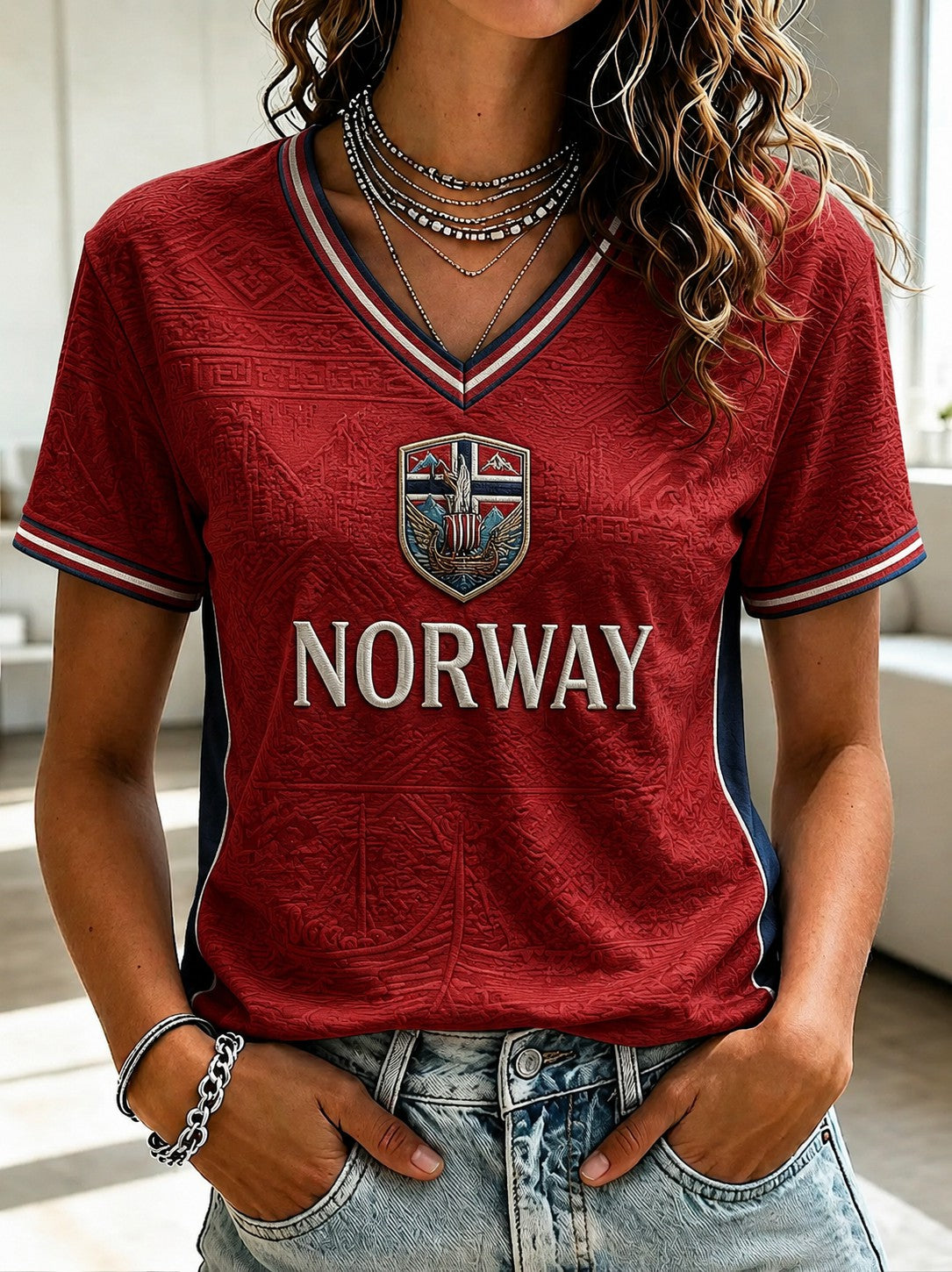 Women's Norway Football Printed V-neck T-shirt