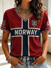 Women's Norway Football Printed V-neck T-shirt