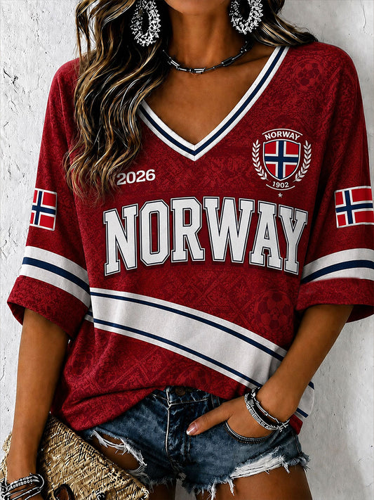 Women's Norge Football Mid-length Sleeves V-Neck T-Shirt