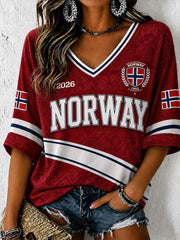 Women's Norge Football Mid-length Sleeves V-Neck T-Shirt