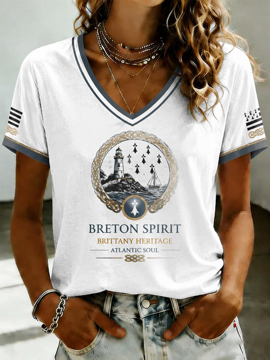 T-shirt à col en V imprimé celtique de Bretagne pour femmes