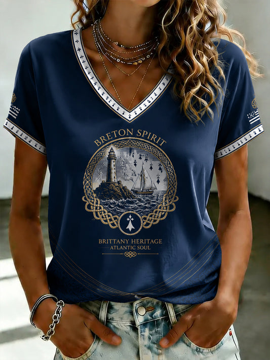 T-shirt à col en V imprimé celtique de Bretagne pour femmes