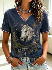 T-shirt femme France Camargue à col en V imprimé