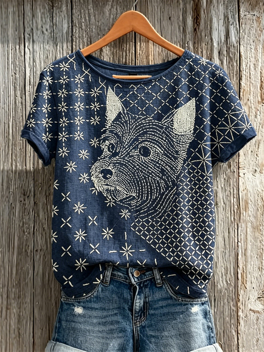 T-shirt japonais à manches courtes en lin, imprimé artistique sashiko représentant une chienne Yorkshire‑terrier pour femme
