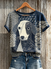 T-shirt à manches courtes en lin Lovely Dog Japanese Sashiko Art Patchwork pour femmes