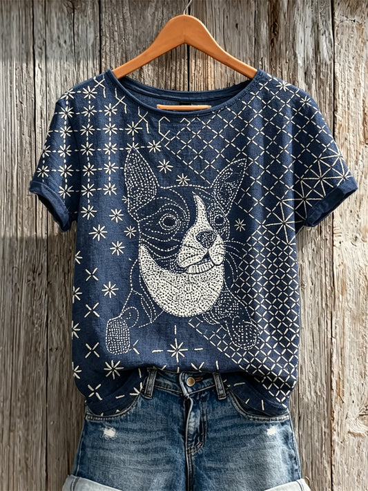 T-shirt femme manches courtes en lin Bulldog Japanese Sashiko Art Print